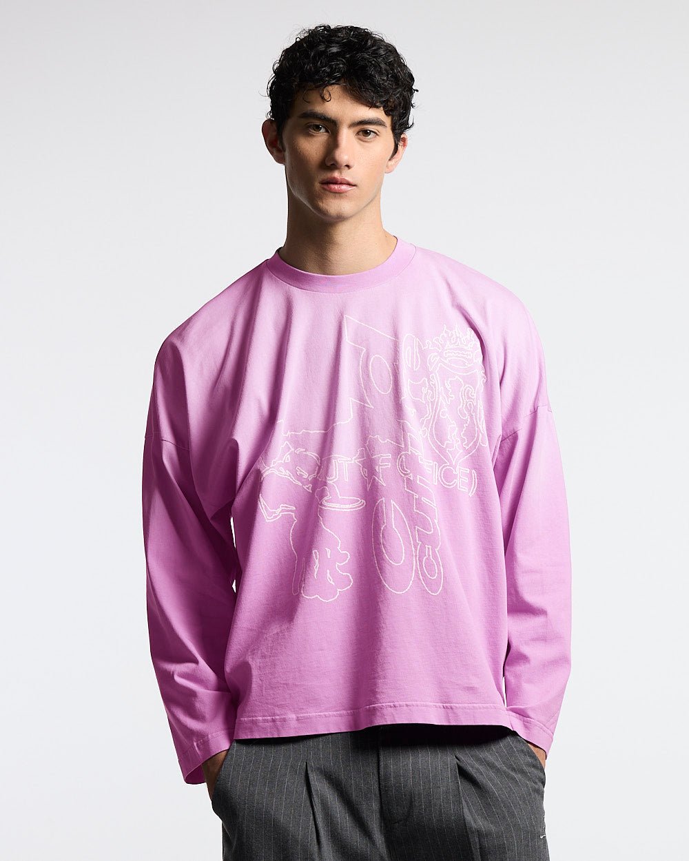 OUT OF THE OFFICE LONGSLEEVE PINK - pink graphic print longsleeve tee, front view on male model - Cold Culture #man
