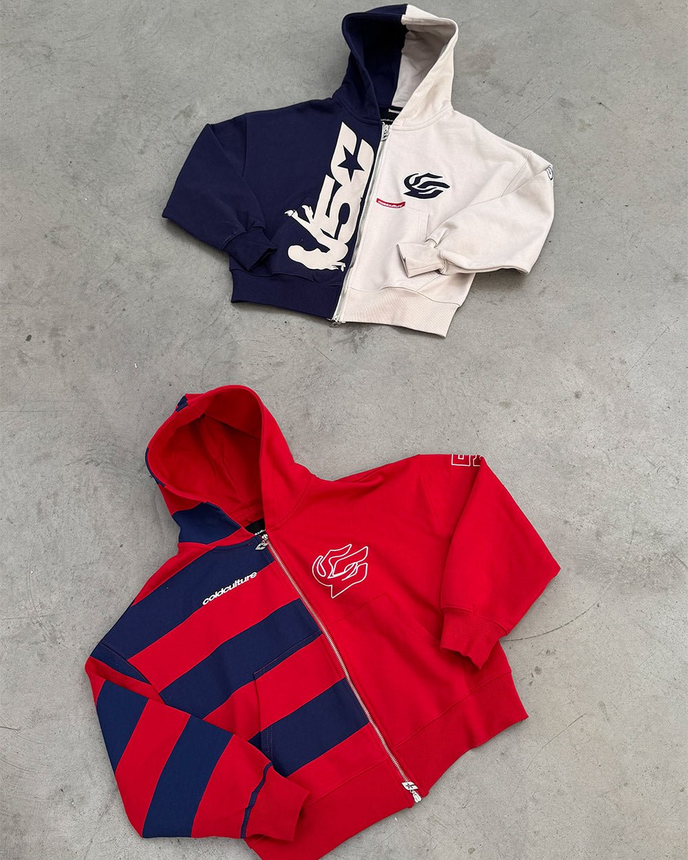 OUTLAW MOOD ZIP HOODIE IVORY GREY & DARK BLUE - navy and ivory zip-up hoodie, flat lay with matching pieces - Cold Culture