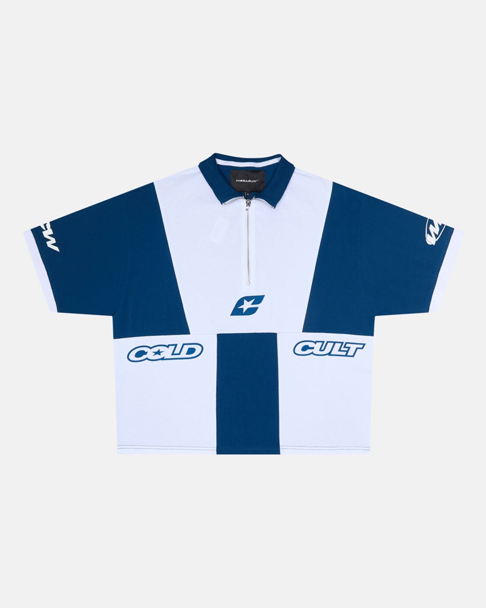 PANELS POLO TEE WHITE AND BLUE - white and blue color-block polo shirt, front view - Cold Culture #packshot