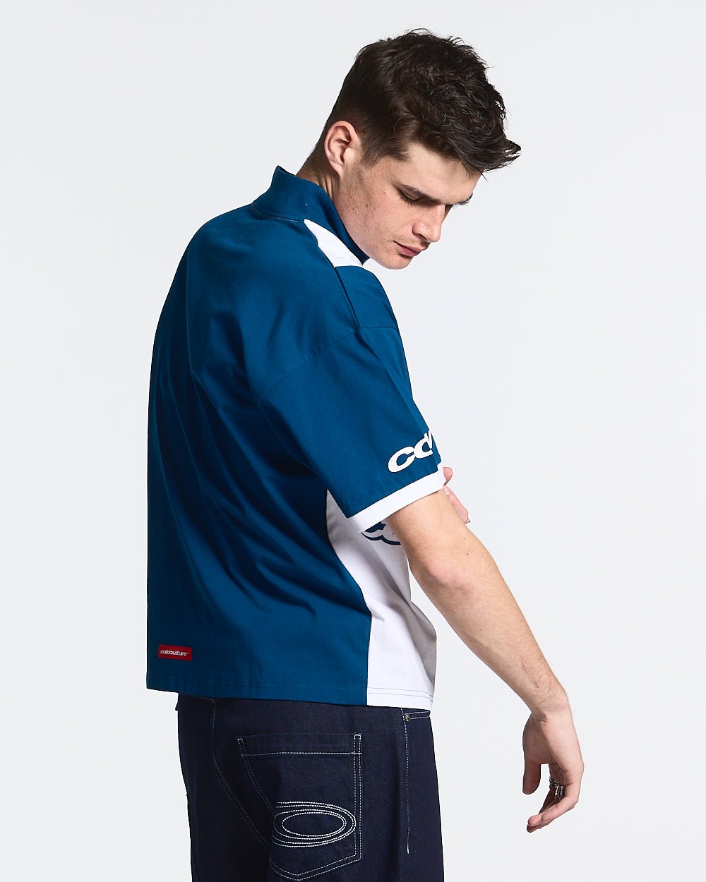 PANELS POLO TEE WHITE AND BLUE - white and blue color-block polo shirt, side view - Cold Culture #man