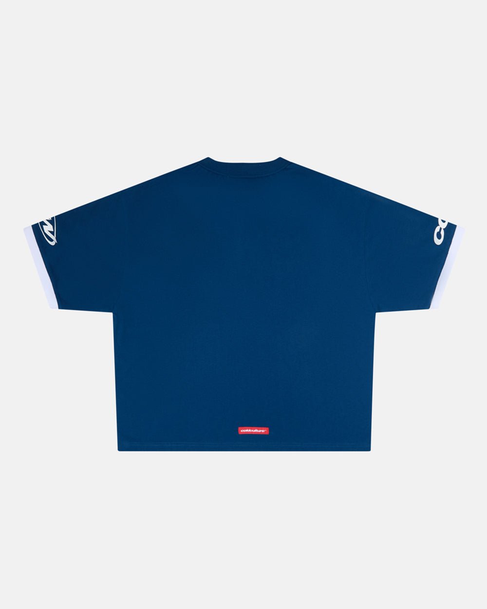 PANELS POLO TEE WHITE AND BLUE - white and blue color-block polo shirt, back view - Cold Culture #packshot