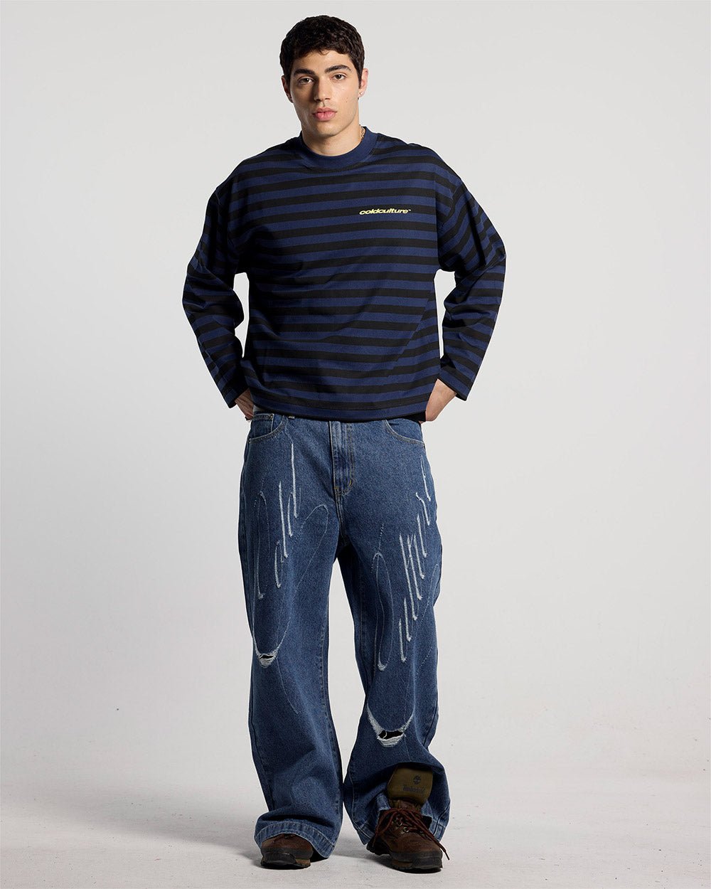 PARDON ME LONGSLEEVE BLACK & BLUE - black and blue striped longsleeve tee, front view on male model - Cold Culture #man
