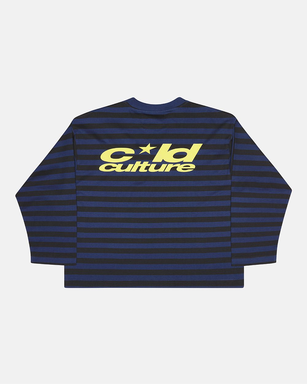 PARDON ME LONGSLEEVE BLACK & BLUE - black and blue striped longsleeve tee, back view - Cold Culture #packshot