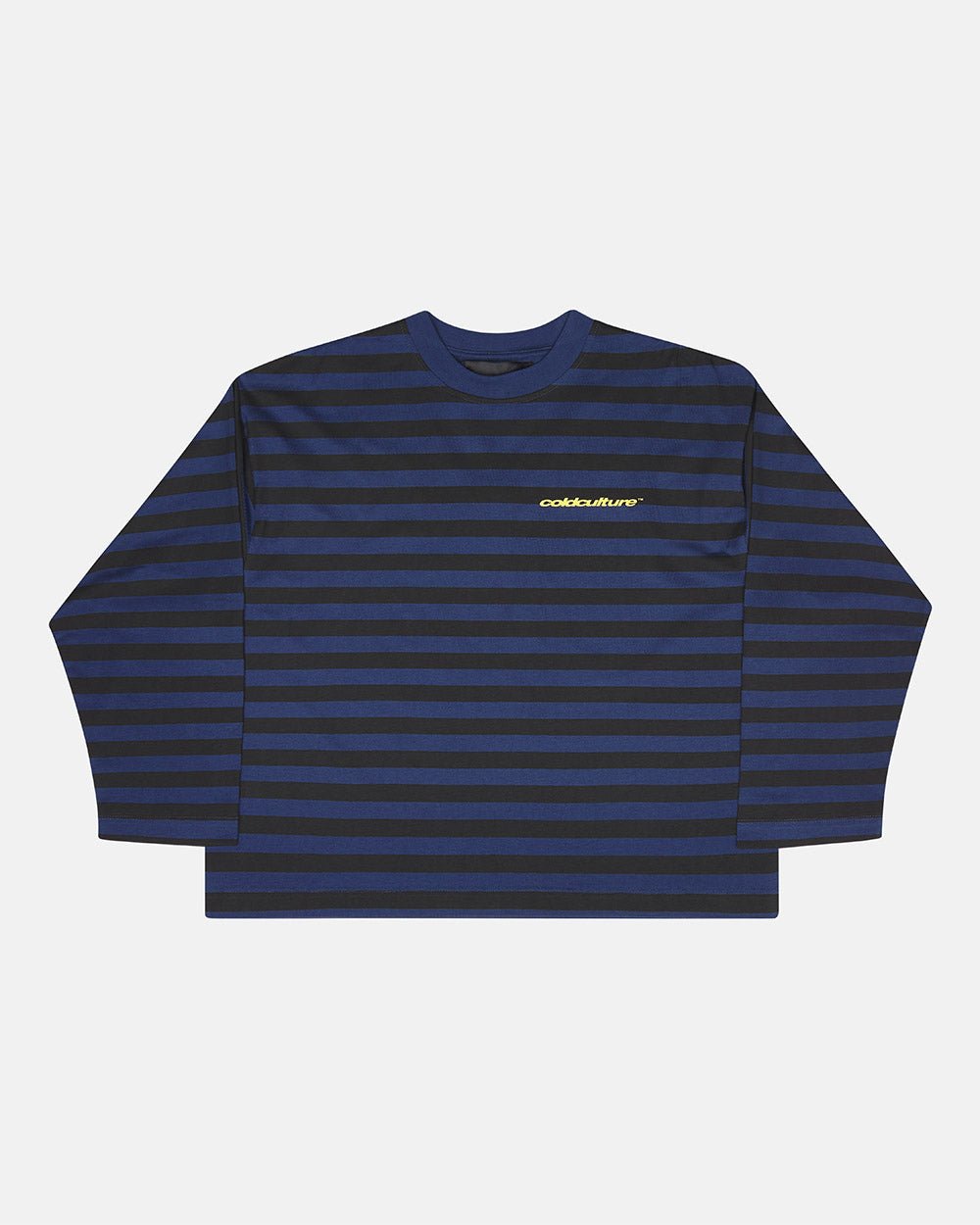 PARDON ME LONGSLEEVE BLACK & BLUE - black and blue striped longsleeve tee, front view - Cold Culture #packshot