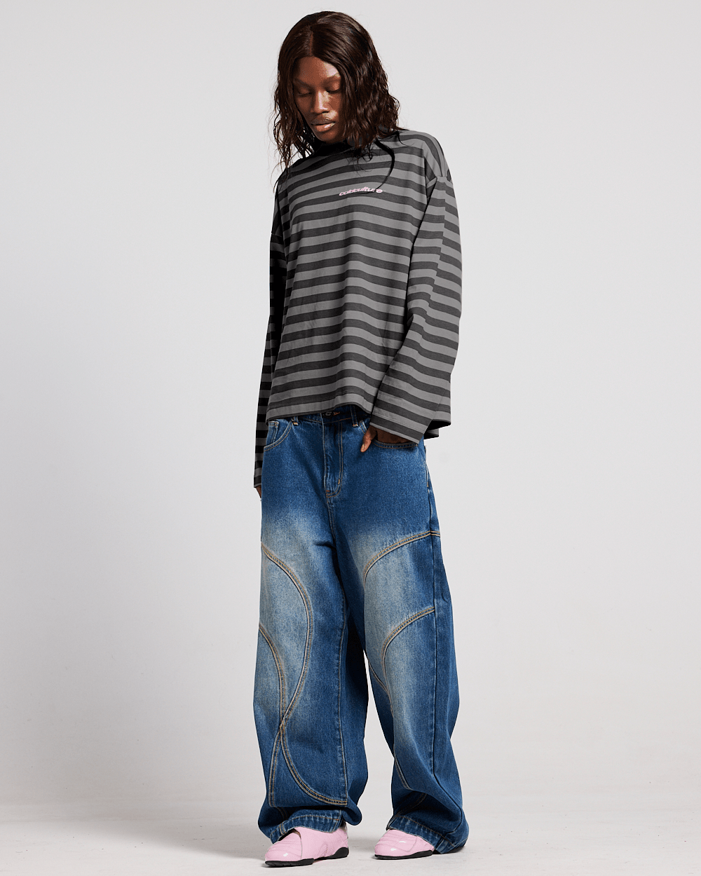 PARDON ME LONGSLEEVE BLACK & GREY - grey and black striped longsleeve tee, front view on female model - Cold Culture #woman