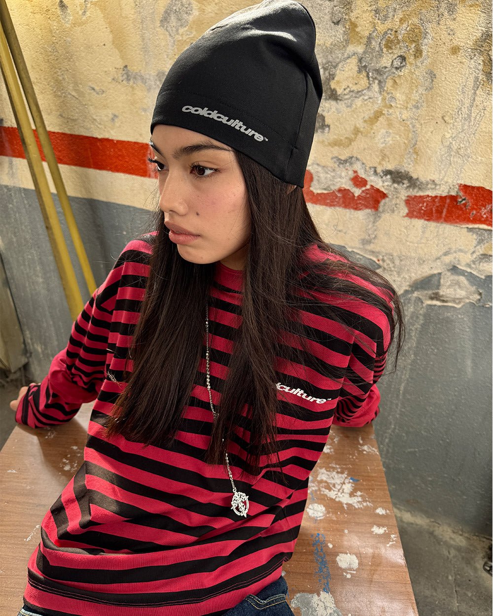 PARDON ME LONGSLEEVE BLACK & RED - black and red striped longsleeve tee, on model close-up - Cold Culture