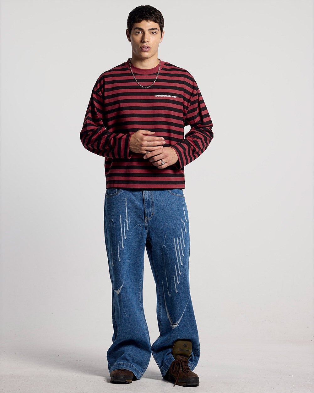 PARDON ME LONGSLEEVE BLACK & RED - black and red striped longsleeve tee, front view on male model - Cold Culture #man