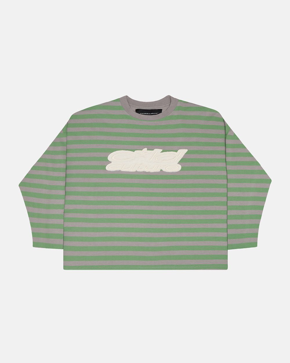 PARDON ME LONGSLEEVE GREEN & GREY - green striped longsleeve tee, front view - Cold Culture #packshot