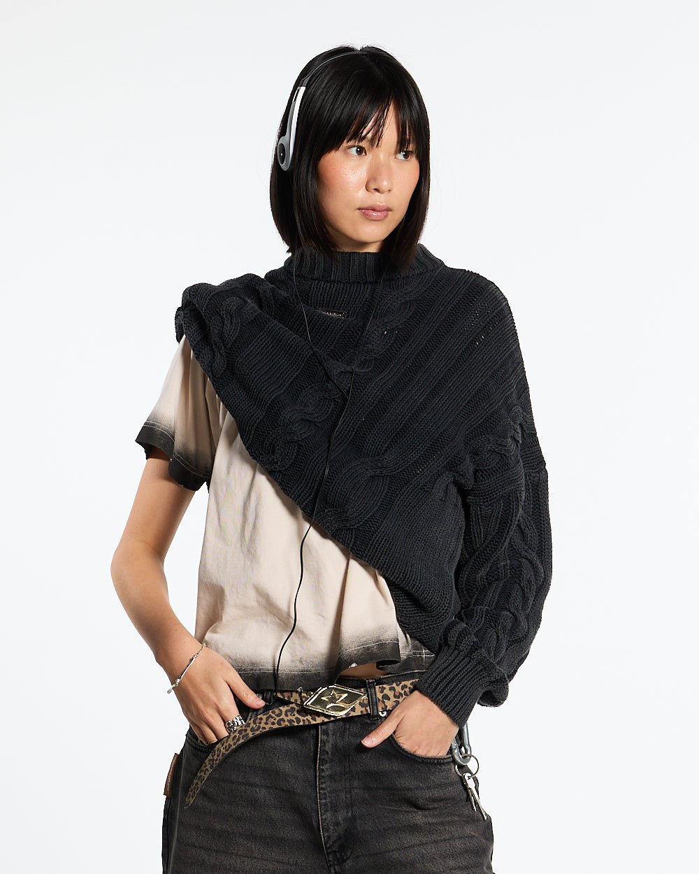 PATTERNED KNIT BLACK - black cable knit sweater, front view on female model - Cold Culture #woman