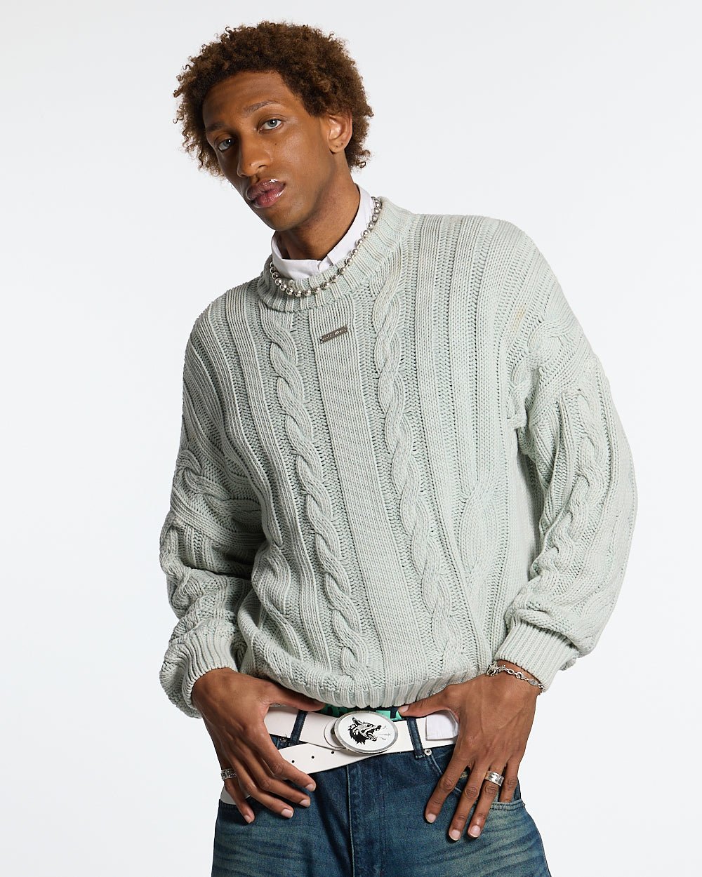 PATTERNED KNIT LIGHT BLUE - light blue cable knit sweater, front view on male model - Cold Culture #man