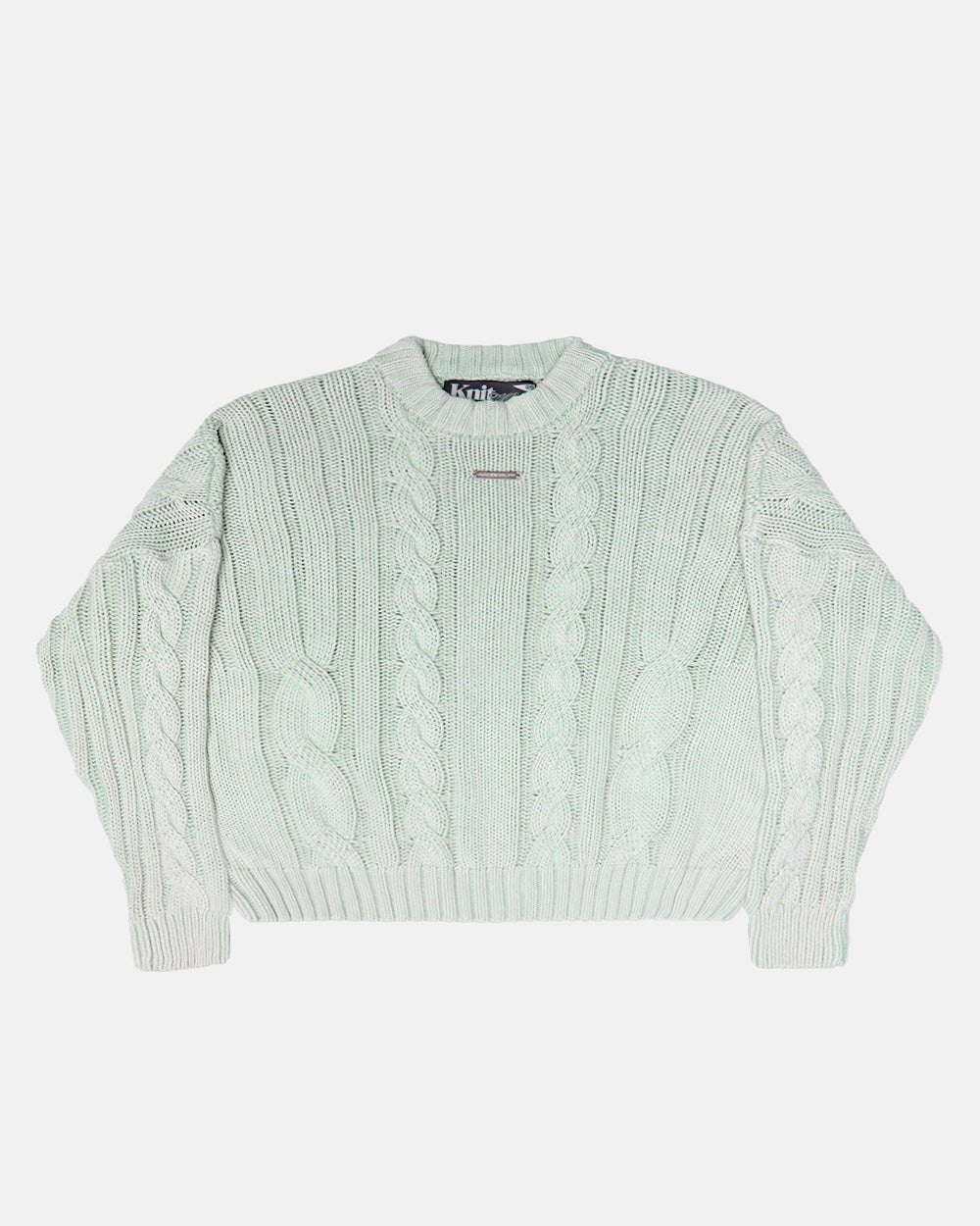 PATTERNED KNIT LIGHT BLUE - light blue cable knit sweater, front view - Cold Culture #packshot