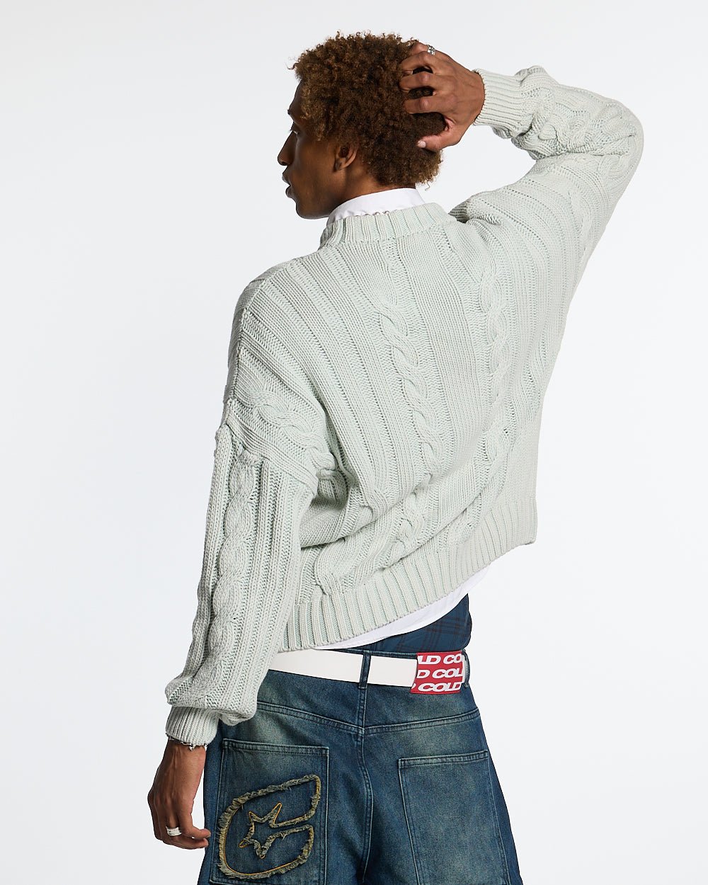 PATTERNED KNIT LIGHT BLUE - light blue cable knit sweater, back view on male model - Cold Culture #man
