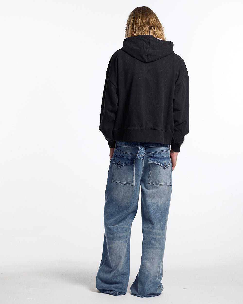 PERFECT SCRIPT PANTS BLUE DENIM - blue denim wide-leg pants, back view on male model - Cold Culture #man