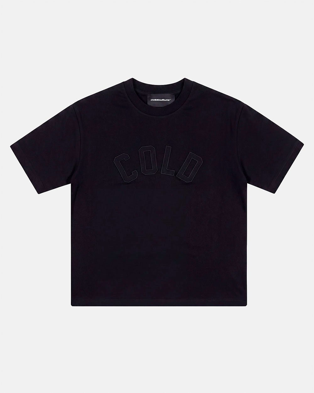 PIECES TEE BLACK - black applique tee, front view - Cold Culture #packshot