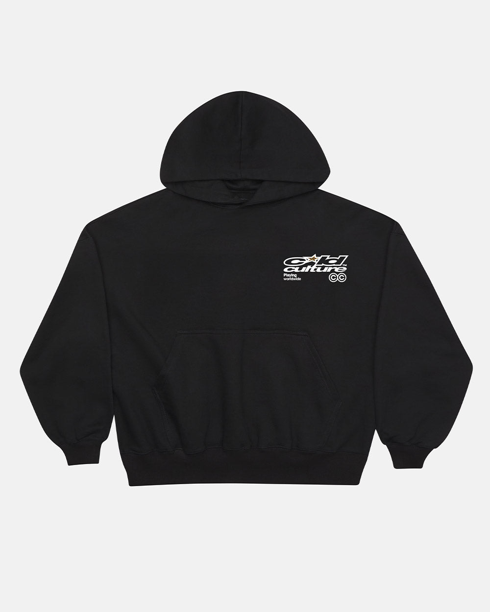 PLAYING WORLDWIDE HOODIE BLACK - black graphic print hoodie, front view - Cold Culture #packshot