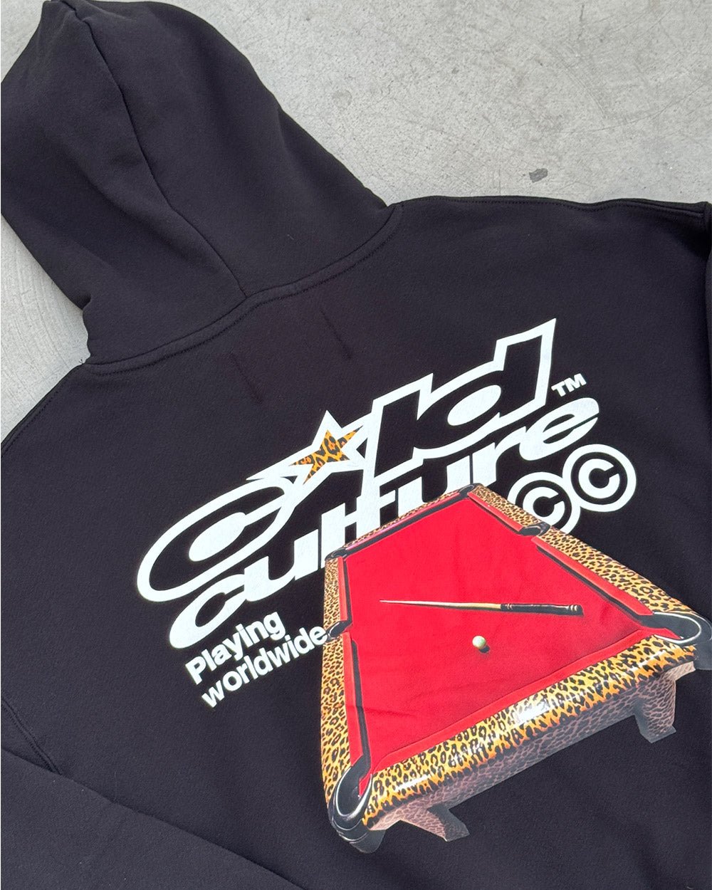 PLAYING WORLDWIDE HOODIE BLACK - black graphic print hoodie, detail close-up - Cold Culture
