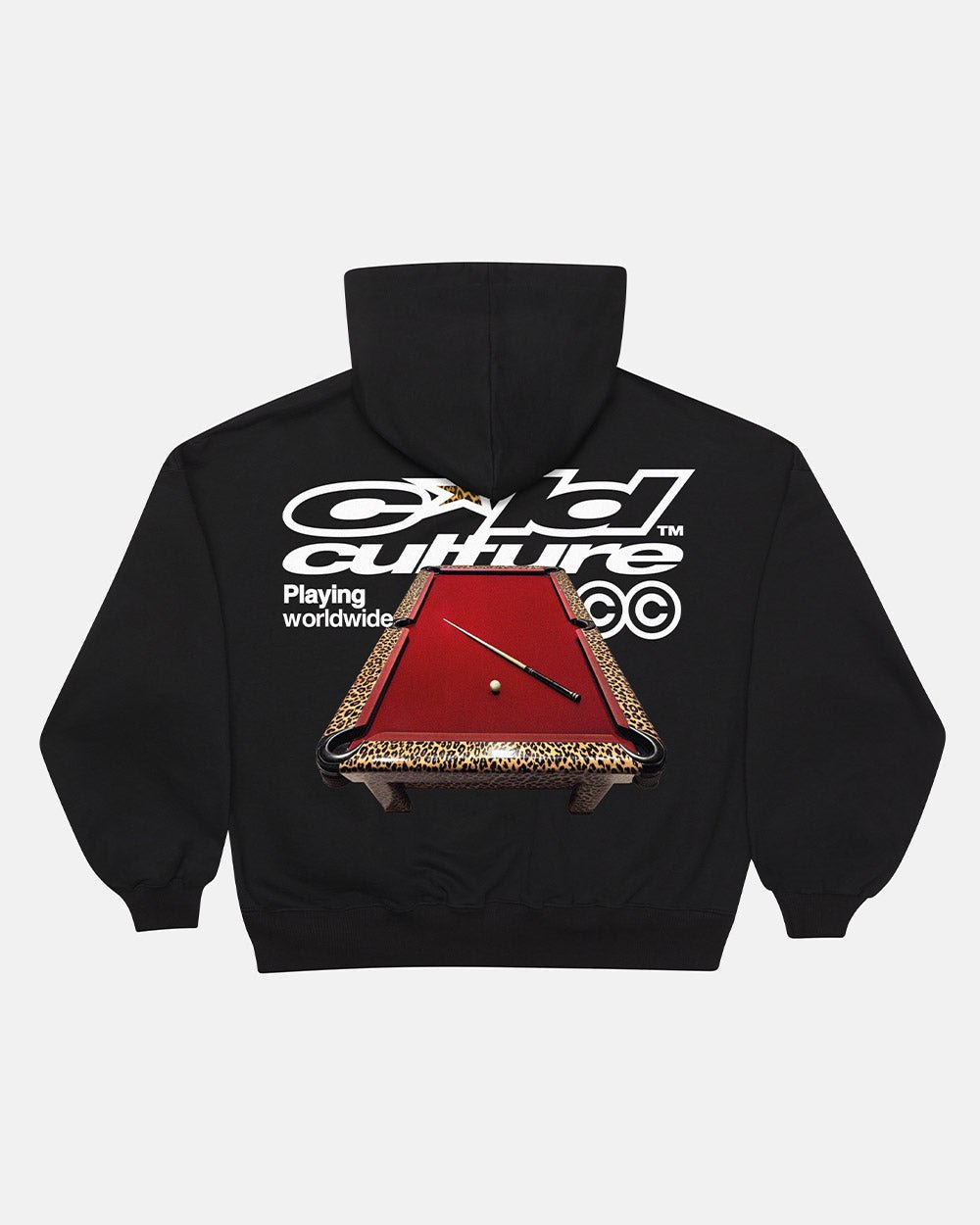 PLAYING WORLDWIDE HOODIE BLACK - black graphic print hoodie, back view - Cold Culture #packshot