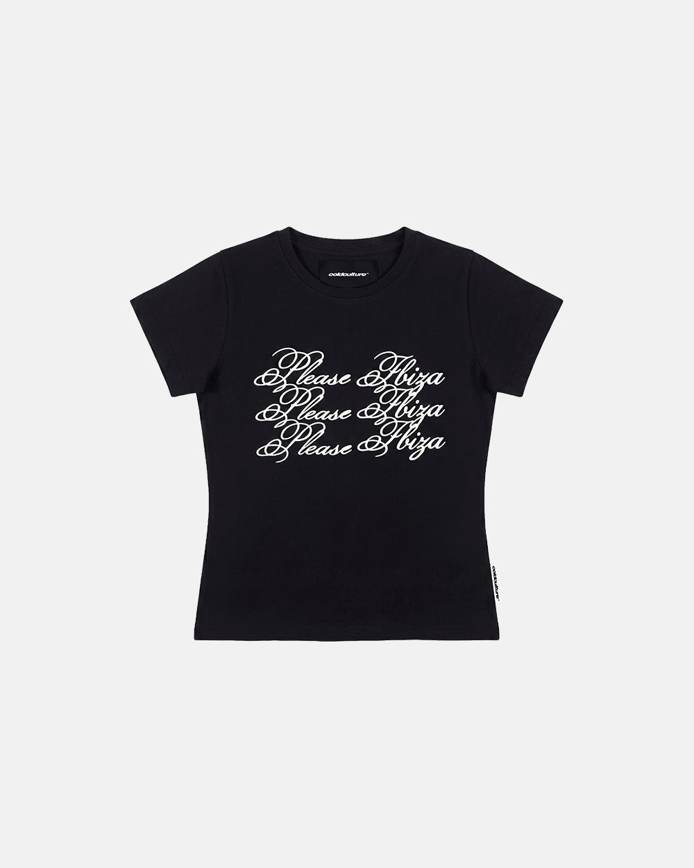 PLEASE IBIZA BABY TEE BLACK - black graphic print baby tee, flat lay - Cold Culture #packshot