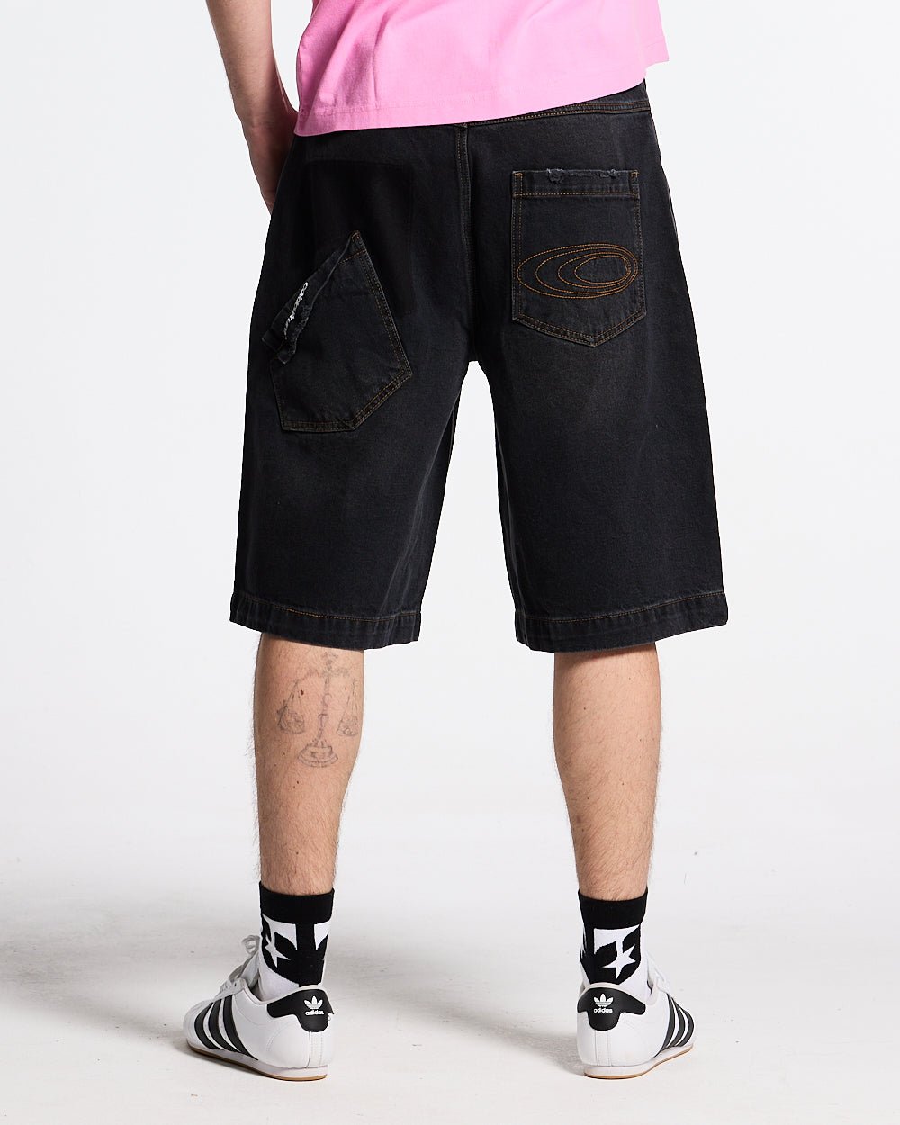 POCKET KO SHORTS BLACK DENIM - washed black denim shorts, back view on male model - Cold Culture