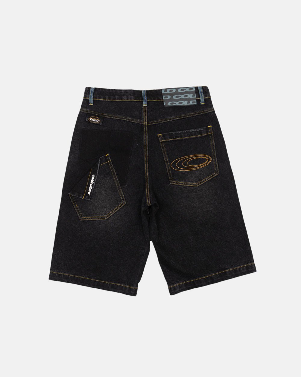 POCKET KO SHORTS BLACK DENIM - washed black denim shorts, back view - Cold Culture #packshot