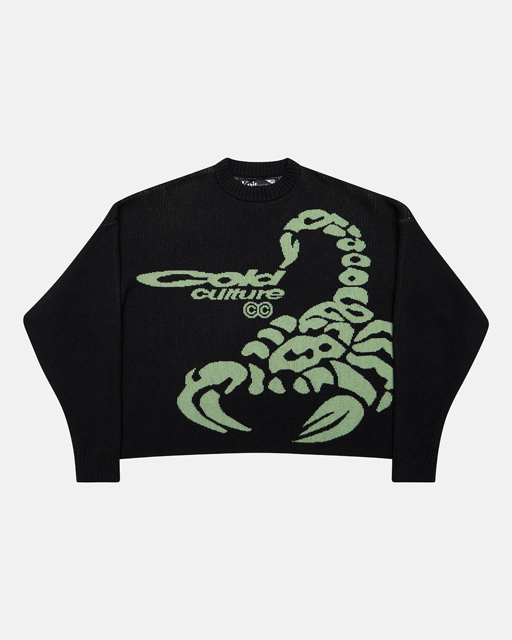 POISON KNIT BLACK AND GREEN - black graphic print knit sweater, front view - Cold Culture #packshot