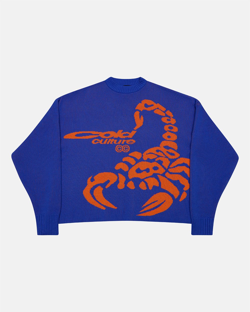 POISON KNIT BLUE AND ORANGE - blue graphic print knit sweater, front view - Cold Culture #packshot