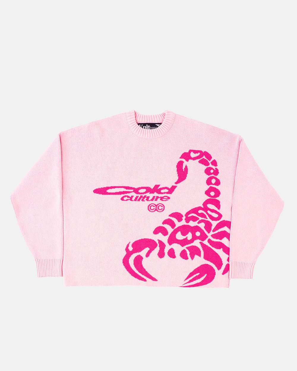 POISON KNIT PINK - pink scorpion print knit sweater, front view - Cold Culture #packshot