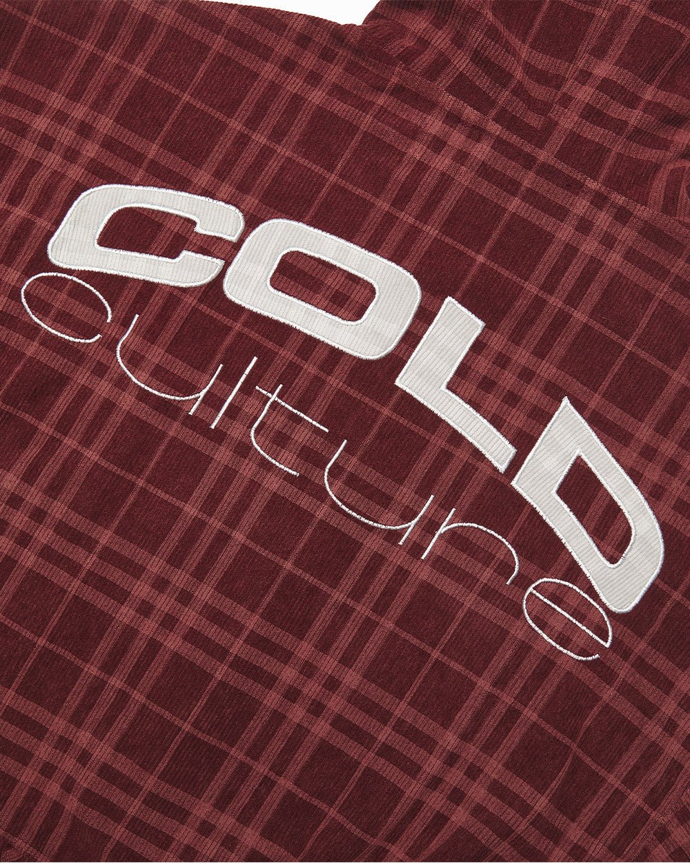 POSH ZIP HOODIE BURGUNDY - burgundy plaid zip-up hoodie, detail close-up - Cold Culture