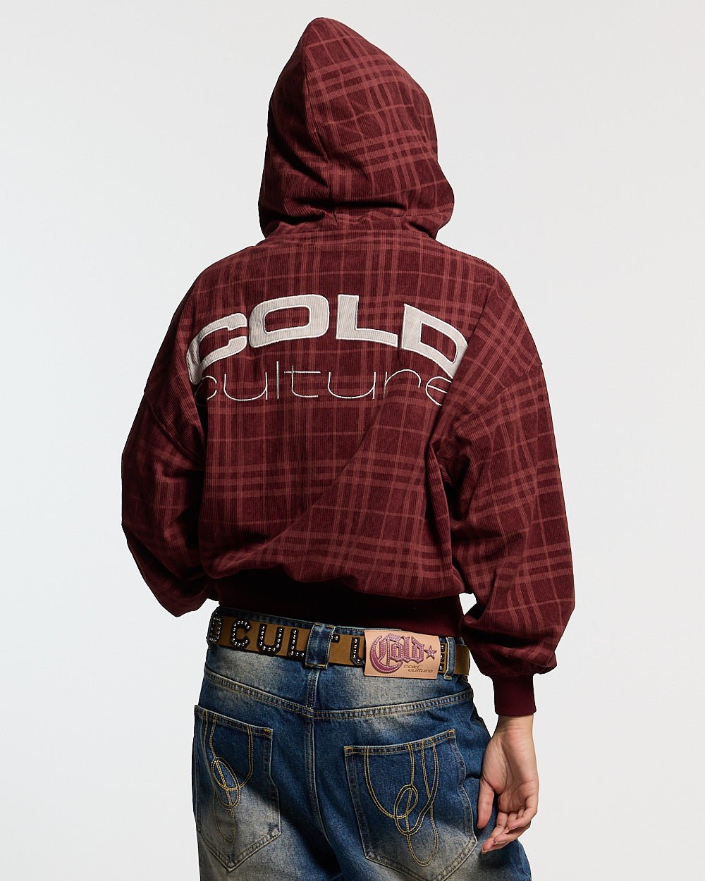 POSH ZIP HOODIE BURGUNDY - burgundy plaid zip-up hoodie, back view on female model - Cold Culture #woman