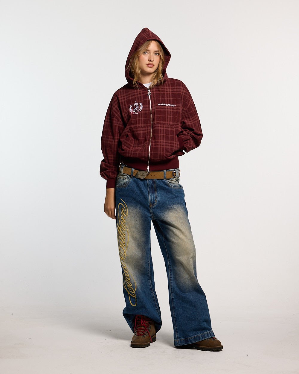 POSH ZIP HOODIE BURGUNDY - burgundy plaid zip-up hoodie, front view on female model - Cold Culture #woman