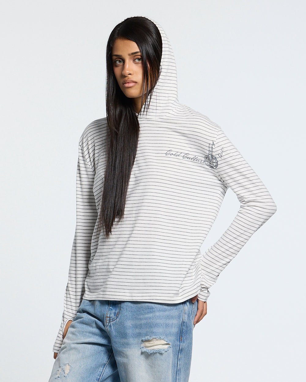 POSTAL HOODED LONGSLEEVE WHITE - white striped hooded longsleeve tee, front view on female model - Cold Culture #woman