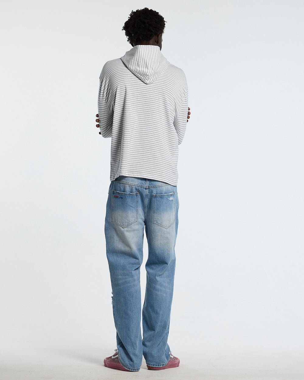 POSTAL HOODED LONGSLEEVE WHITE - white striped hooded longsleeve tee, back view on male model - Cold Culture #man