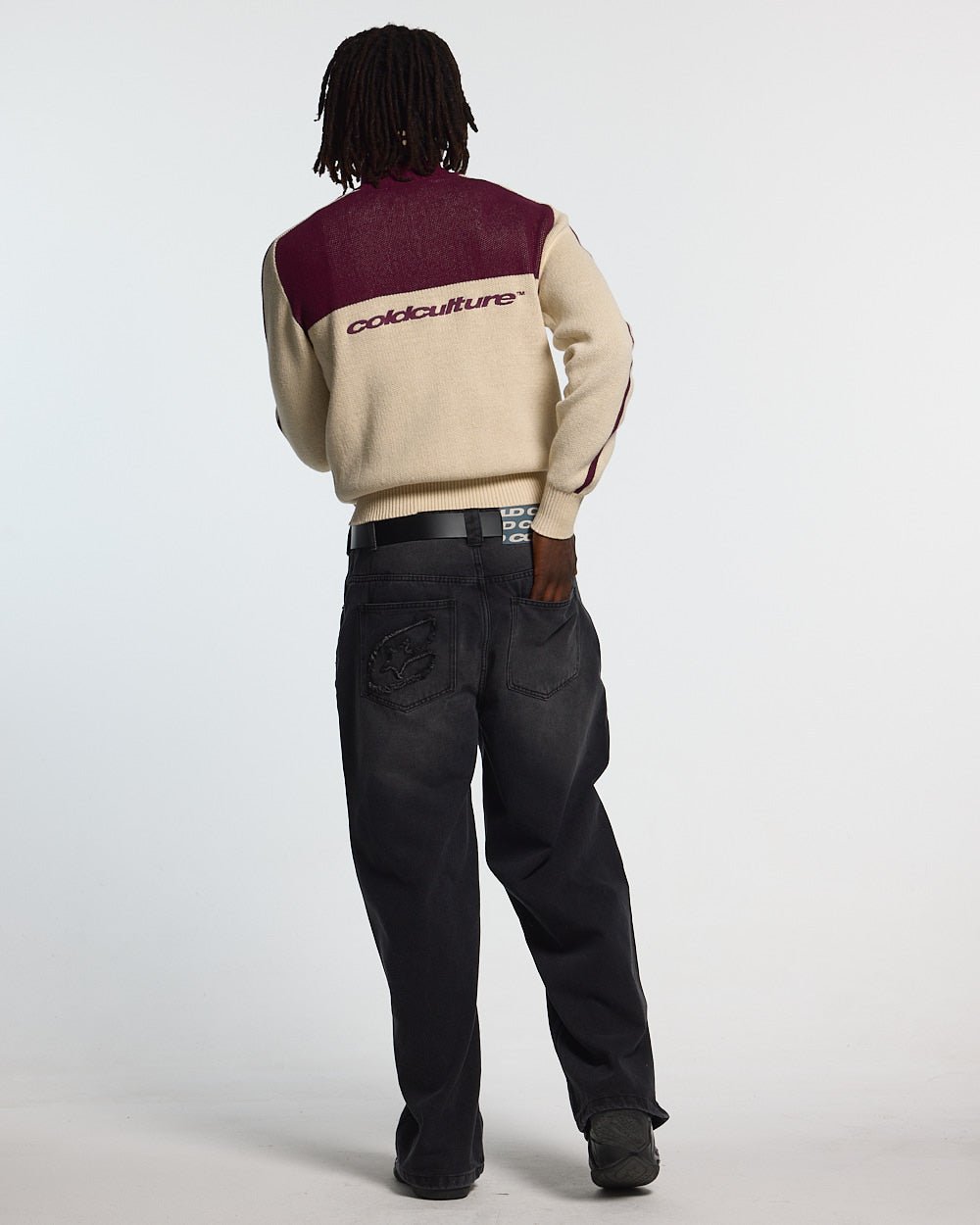 POWERLINE ZIP KNIT BEIGE & BURGUNDY - beige and burgundy striped knit sweater, back view on male model - Cold Culture #man