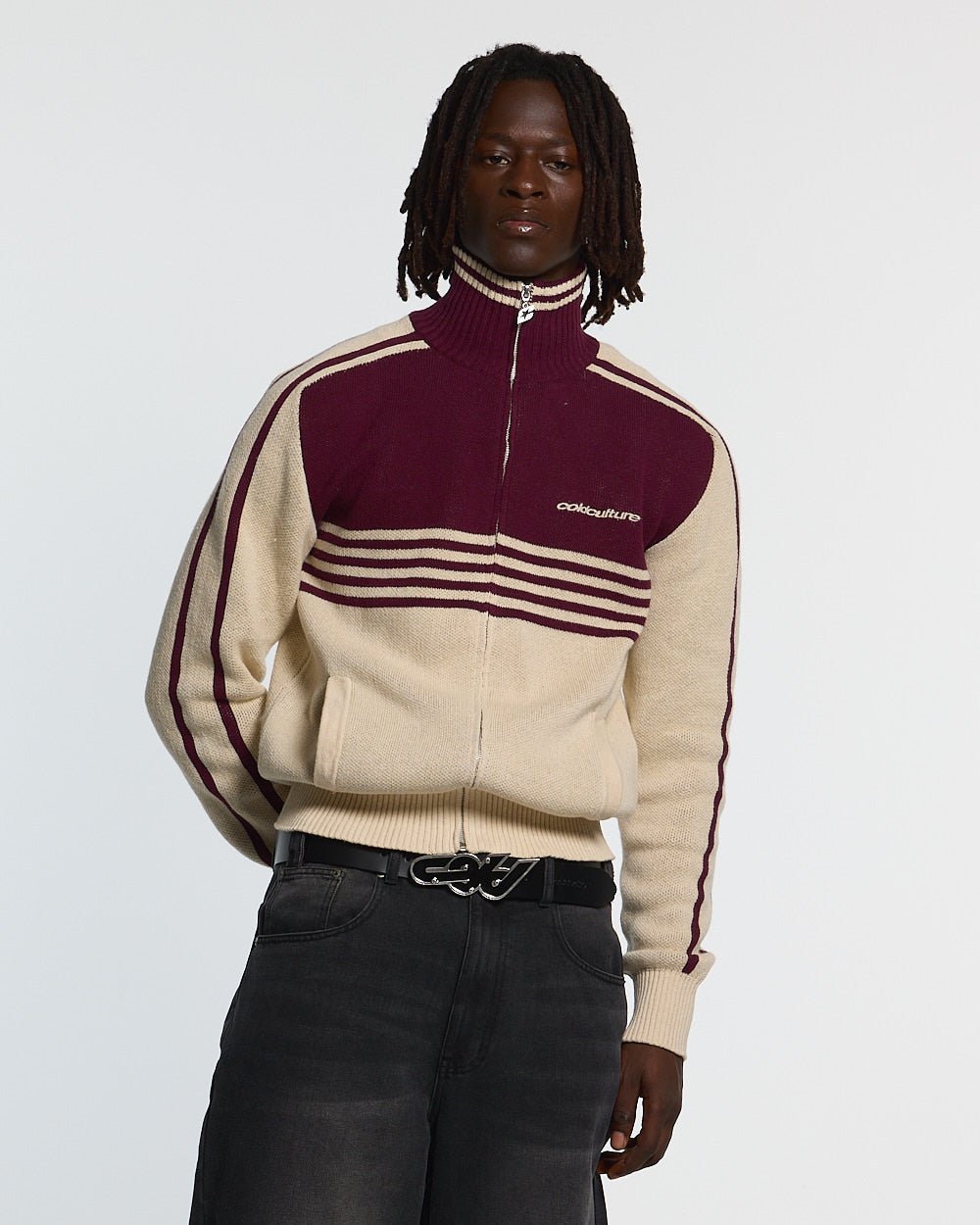 POWERLINE ZIP KNIT BEIGE & BURGUNDY - beige and burgundy striped knit sweater, front view on male model - Cold Culture #man