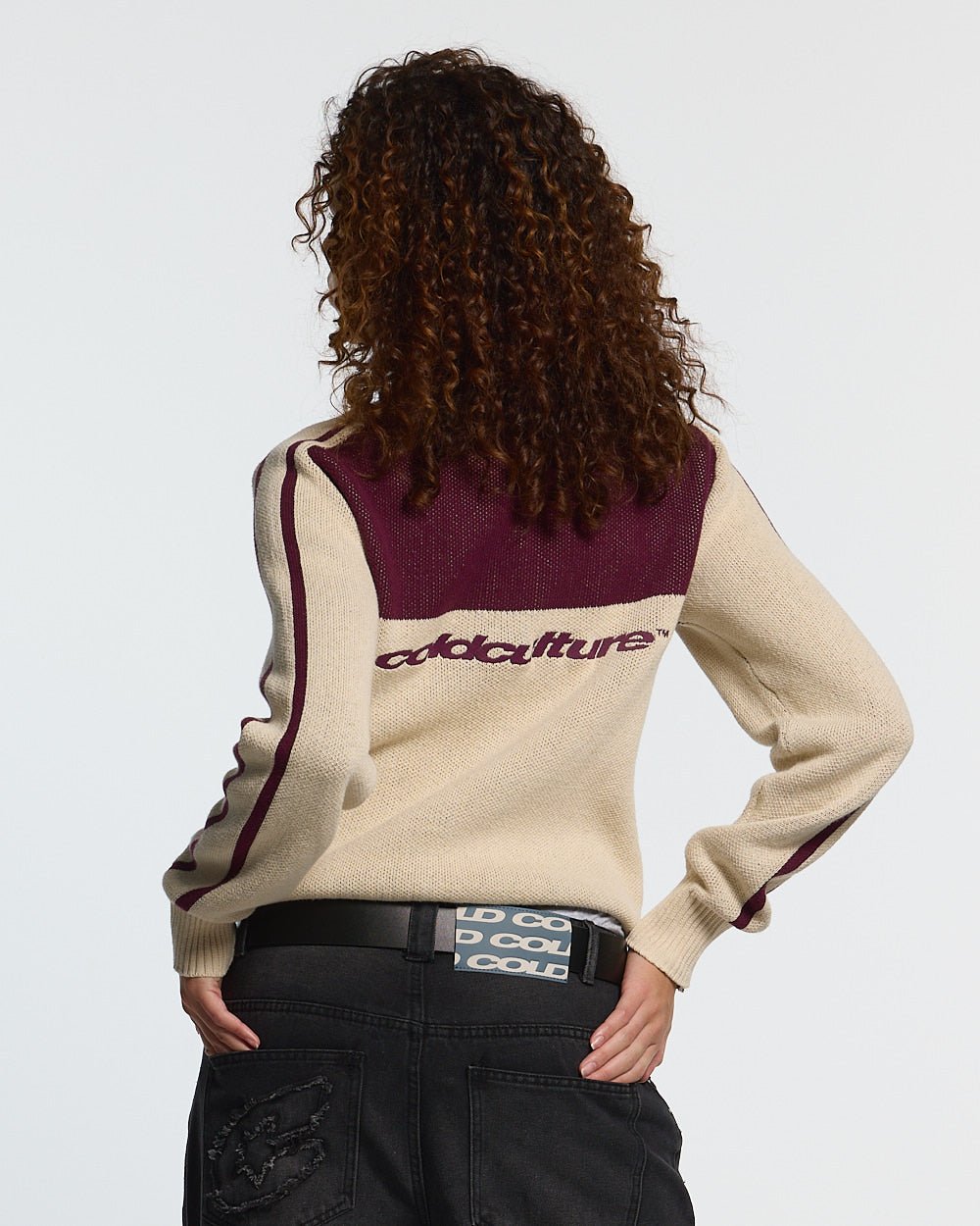 POWERLINE ZIP KNIT BEIGE & BURGUNDY - beige and burgundy striped knit sweater, back view on female model - Cold Culture #woman