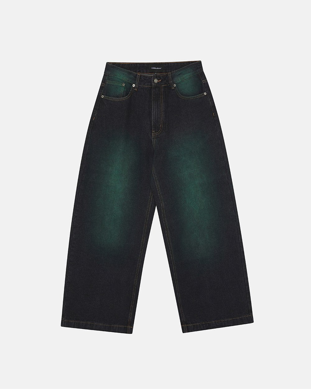PRECIOUS V3 PANTS BLACK & GREEN - black and green denim pants, front view - Cold Culture #packshot