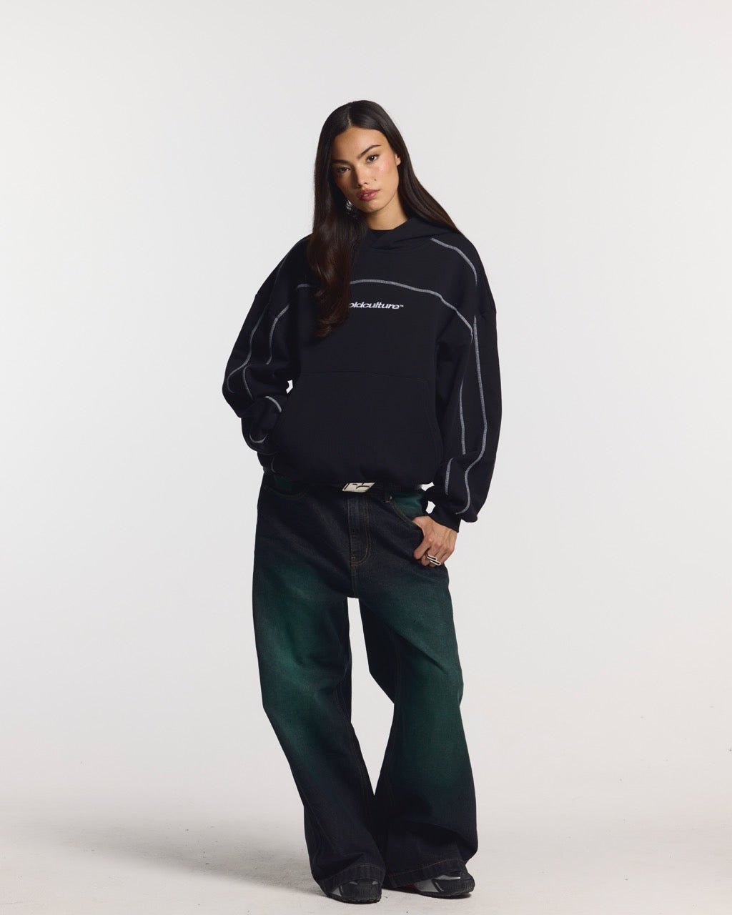 PRECIOUS V3 PANTS BLACK & GREEN - black and green denim pants, front view on female model - Cold Culture #woman