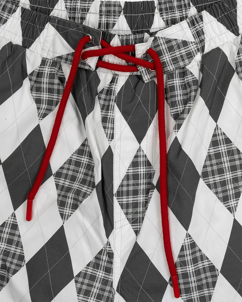 PREPPY SWIMSHORTS WHITE - white argyle swim shorts, detail close-up - Cold Culture