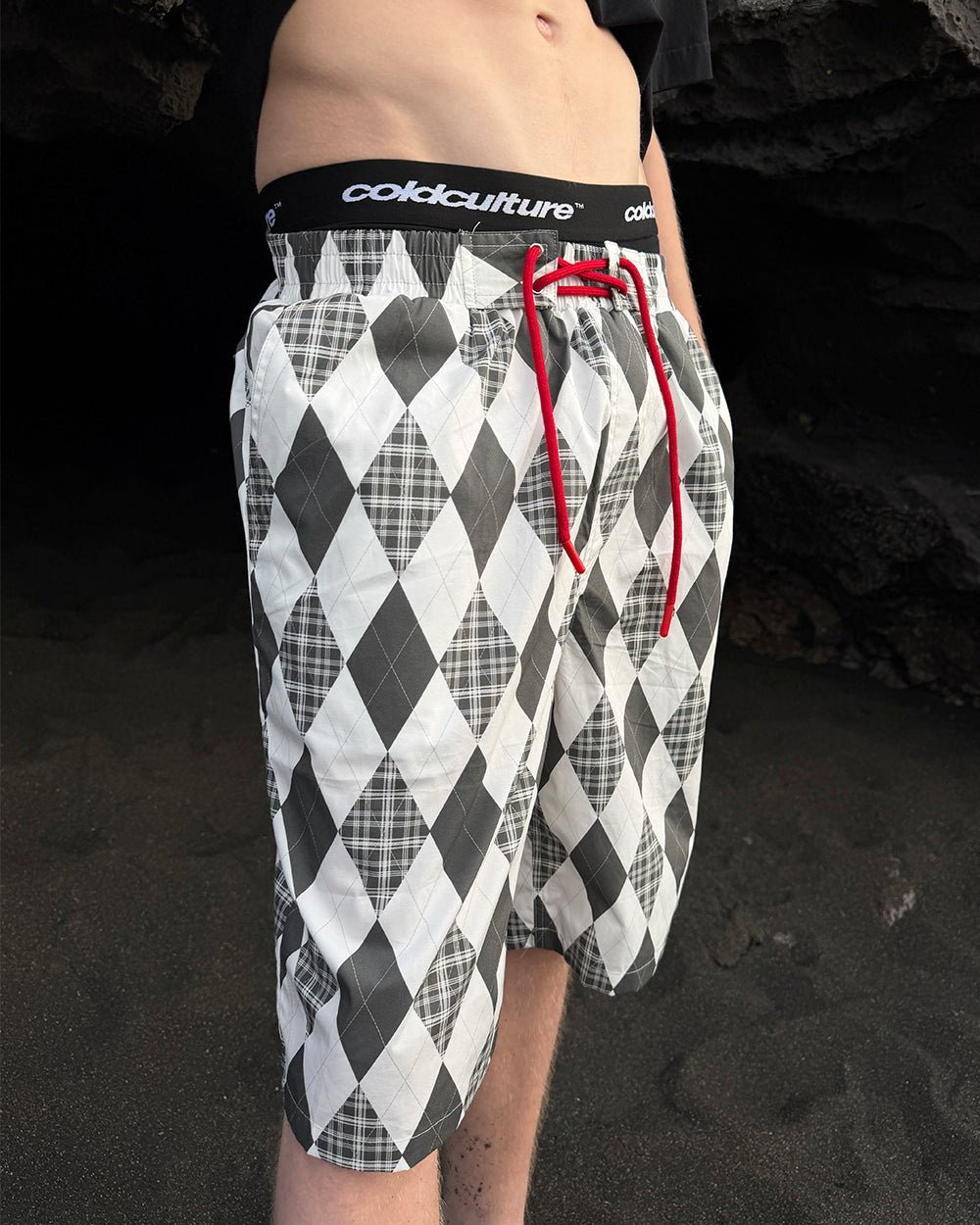 PREPPY SWIMSHORTS WHITE - white argyle swim shorts, worn detail - Cold Culture