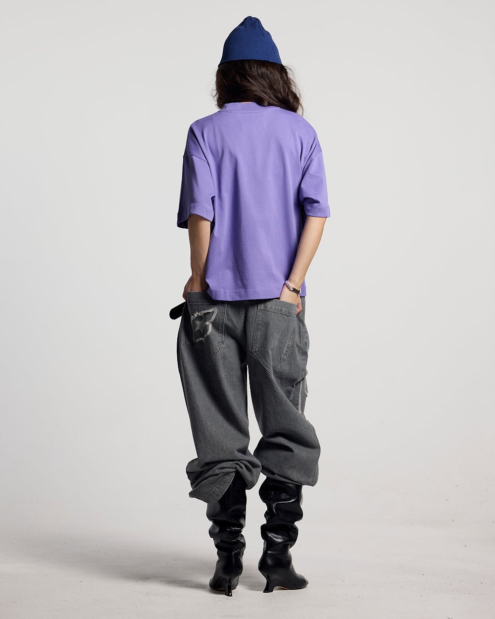 PRESTIGE TEE PURPLE - purple graphic print tee, back view on female model - Cold Culture #woman