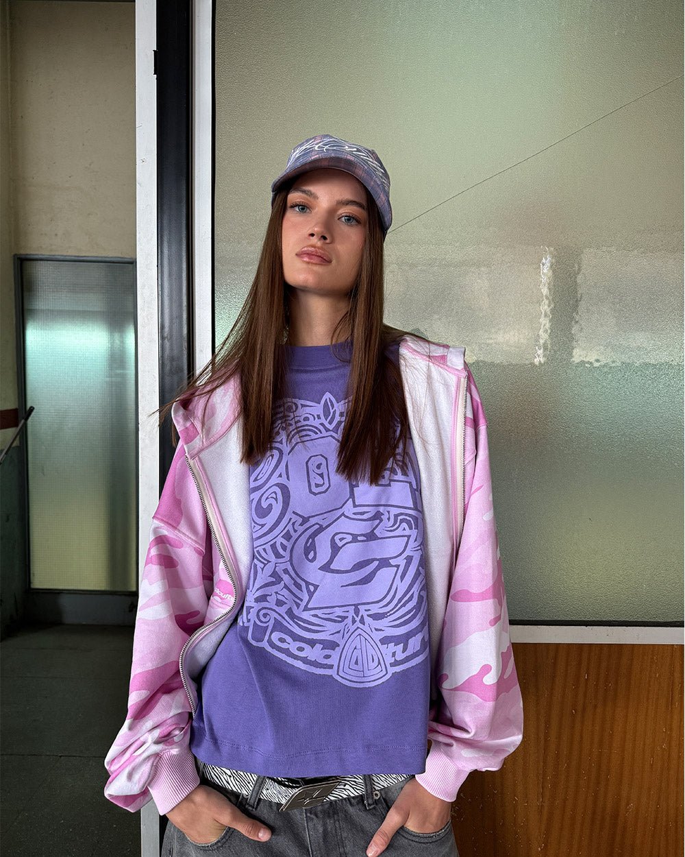 PRESTIGE TEE PURPLE - purple graphic print tee, street style shot - Cold Culture #woman