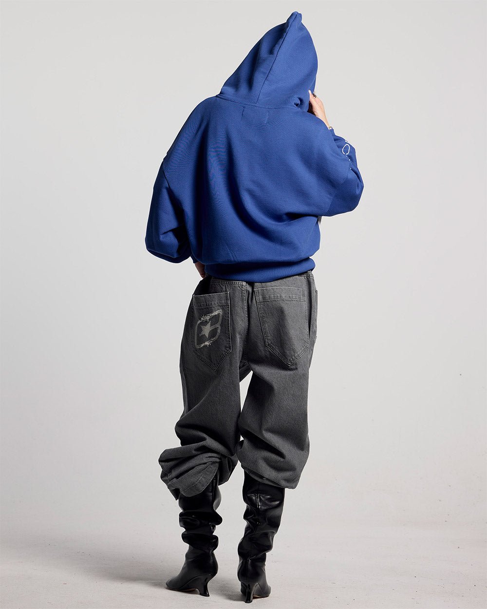 PRESTIGE ZIP HOODIE BLUE & WHITE - blue and white zip-up hoodie, back view on female model - Cold Culture #woman