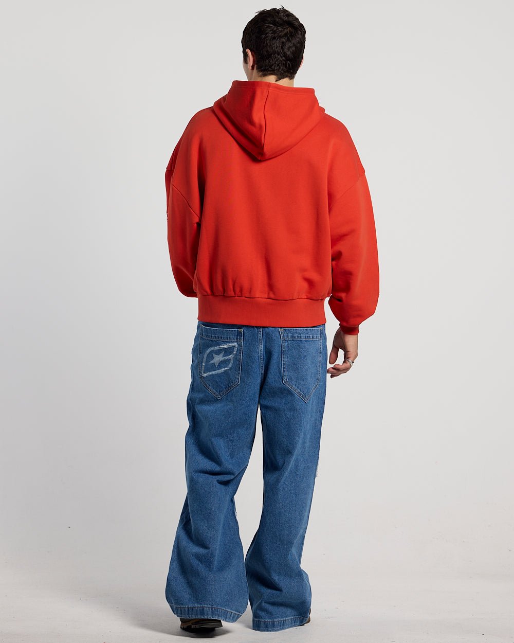 PRESTIGE ZIP HOODIE RED & WHITE - red and white zip-up hoodie, back view on male model - Cold Culture