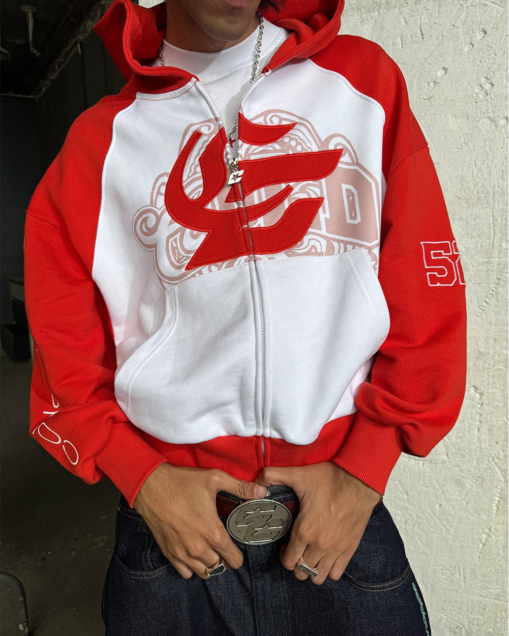 PRESTIGE ZIP HOODIE RED & WHITE - red and white zip-up hoodie, on model close-up - Cold Culture