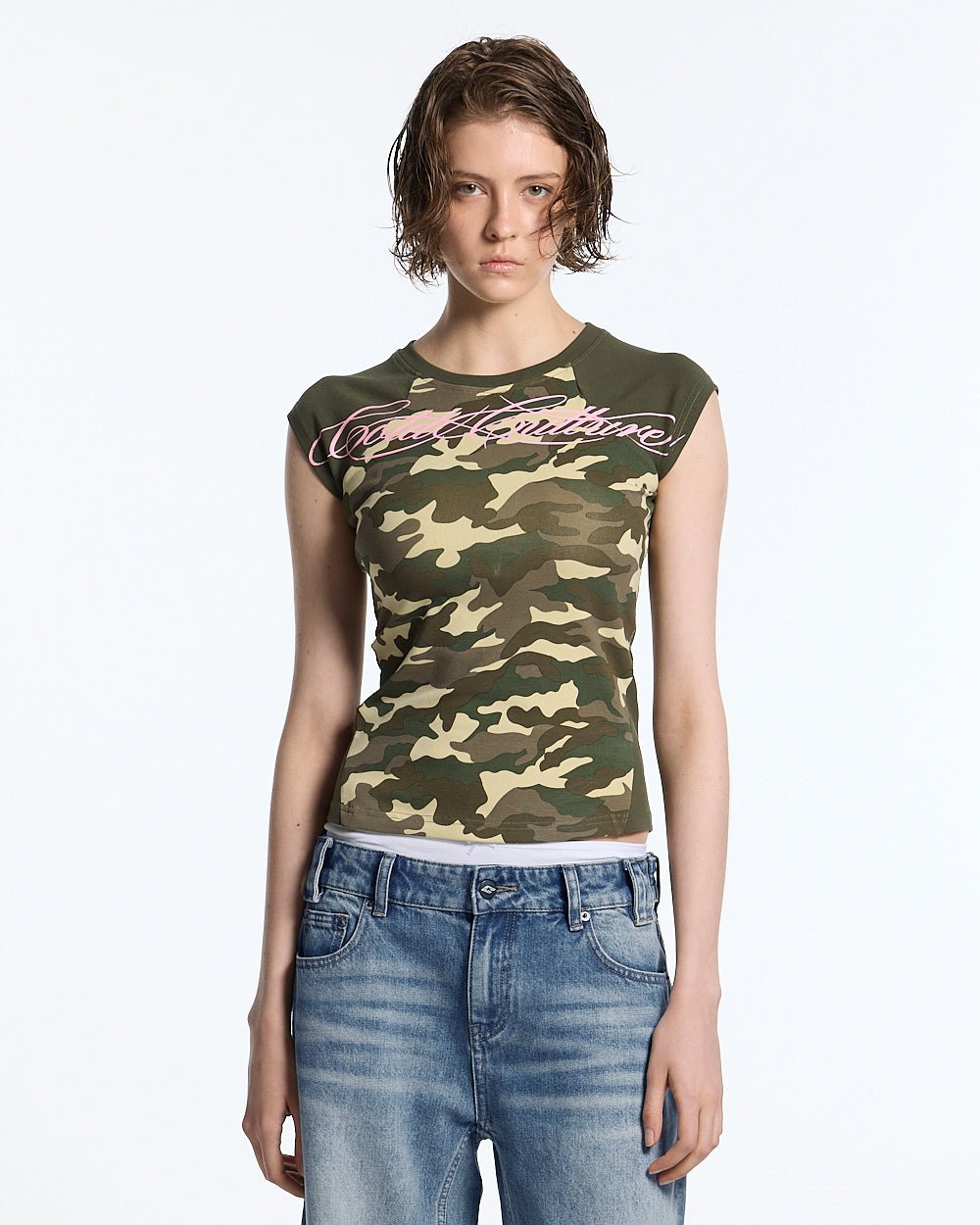 PRETTY BABY TEE GREEN - green camo baby tee, front view on female model - Cold Culture #woman