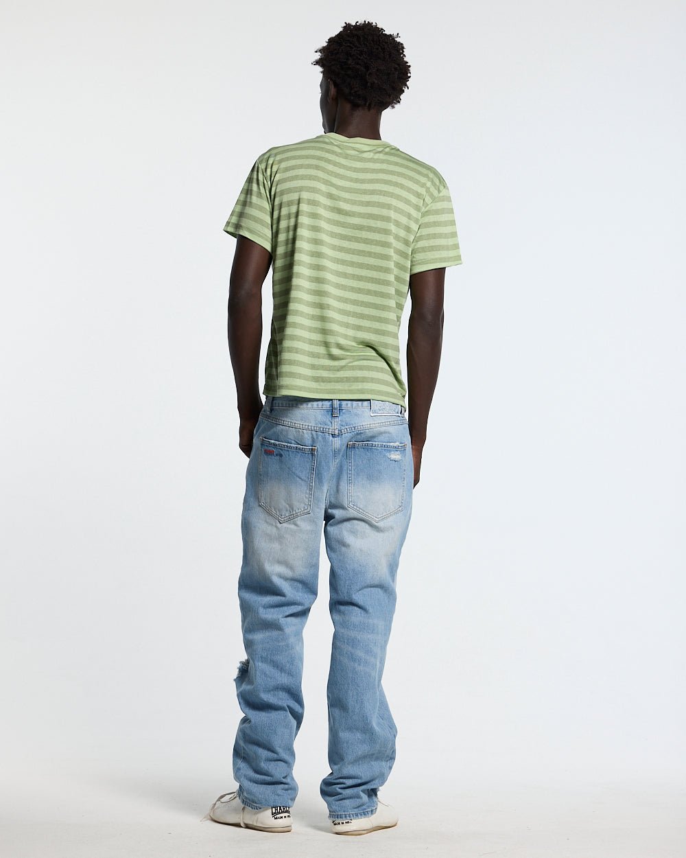 PROPERTY TEE GREEN - green striped tee, back view on male model - Cold Culture #man