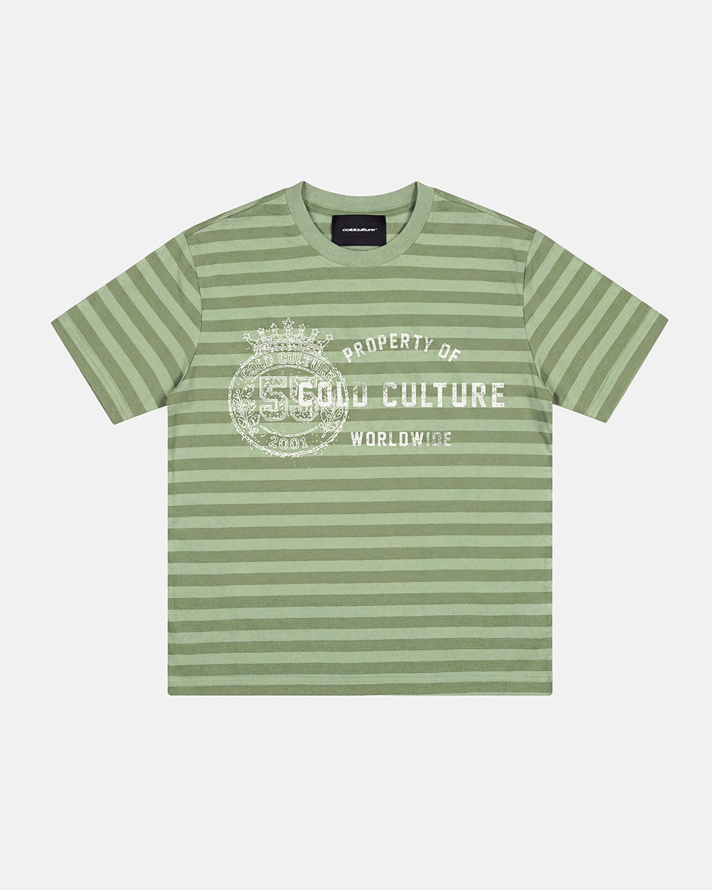 PROPERTY TEE GREEN - green striped tee, front view - Cold Culture #packshot