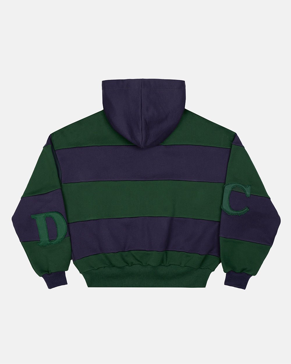 PUZZLE ZIP HOODIE GREEN & NAVY - green and navy striped zip-up hoodie, back view - Cold Culture #packshot