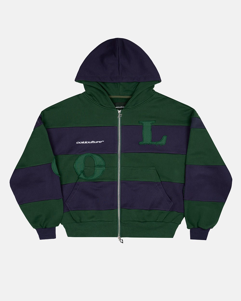PUZZLE ZIP HOODIE GREEN & NAVY - green and navy striped zip-up hoodie, front view - Cold Culture #packshot