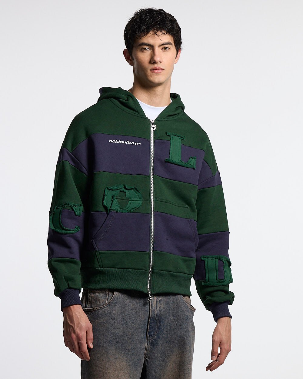 PUZZLE ZIP HOODIE GREEN & NAVY - green and navy striped zip-up hoodie, front view on male model - Cold Culture #man